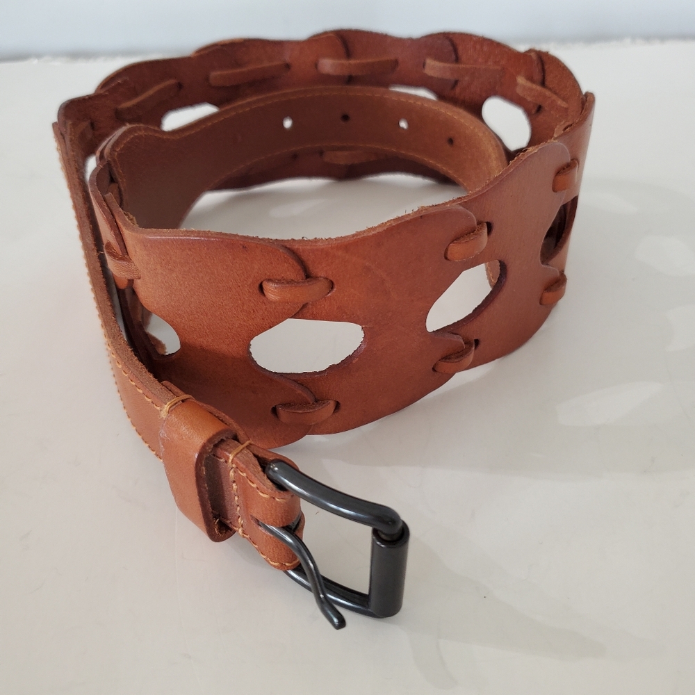 LINEA PELLE Women M Genuine Leather Brown Woven Lace 2.5" Wide Belt 36.5" Length